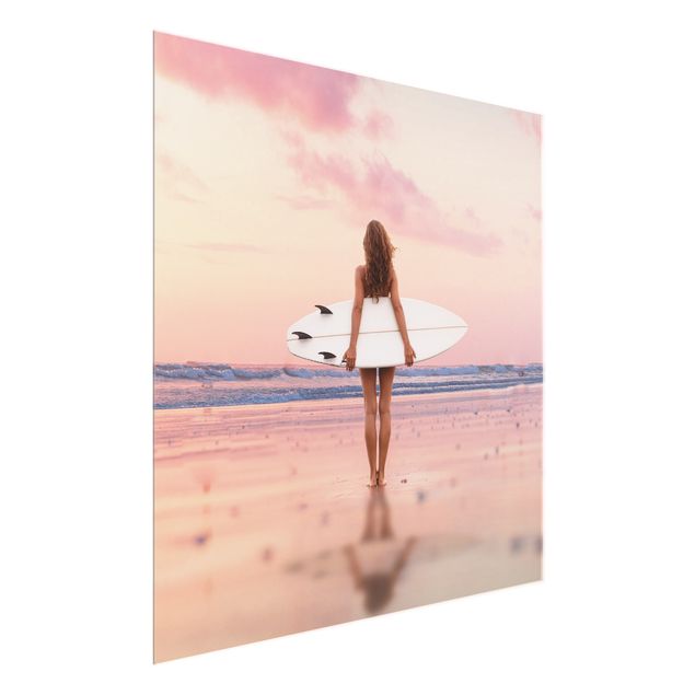 Glasschilderijen - Surfer Girl With Board At Sunset