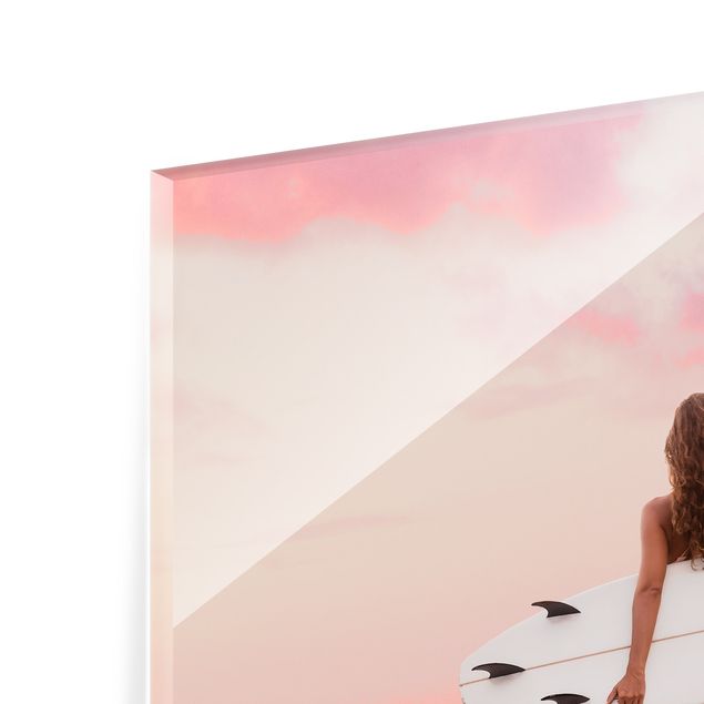 Glasschilderijen - Surfer Girl With Board At Sunset