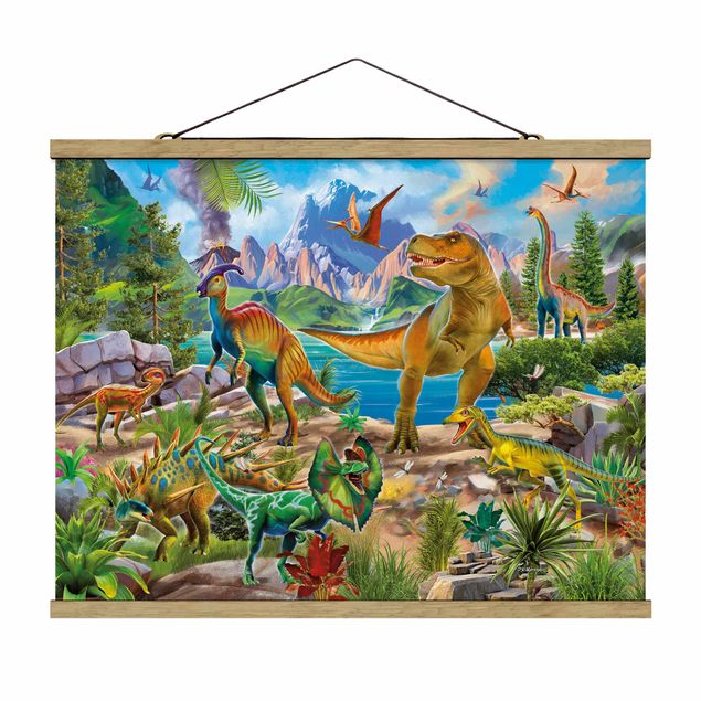 Stoffen schilderij met posterlijst T-Rex And Parasaurolophus