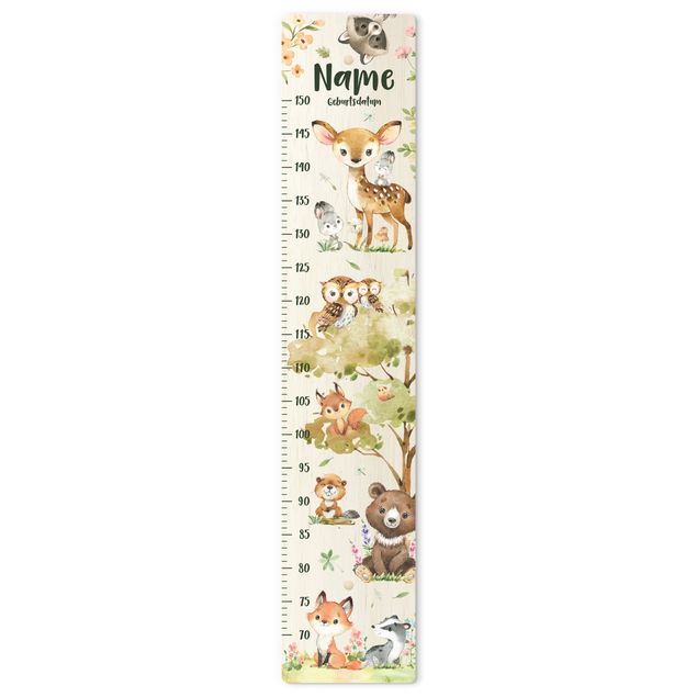 Groeimeter kinderen hout - Animals from the forest watercolour with custom name