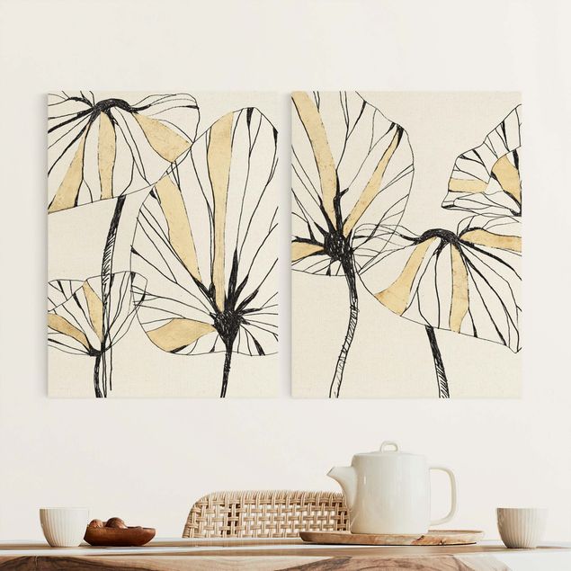 Natuurlijk canvas schilderijen - 2-delig  Tropical Leaves With Gold