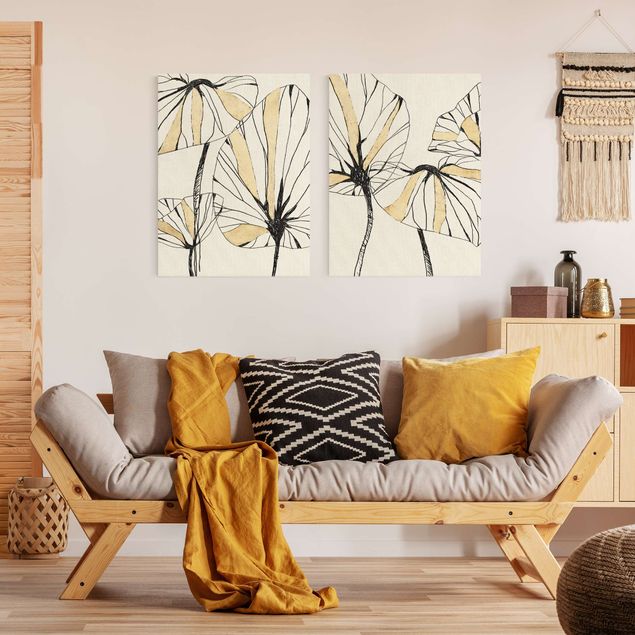Natuurlijk canvas schilderijen - 2-delig  Tropical Leaves With Gold