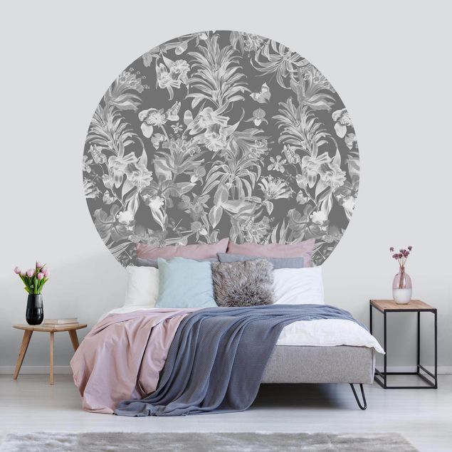 Behangcirkel Tropical Flowers In Front Of Grey