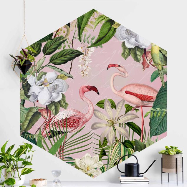 Hexagon Behang Tropical Flamingos With Plants In Pink