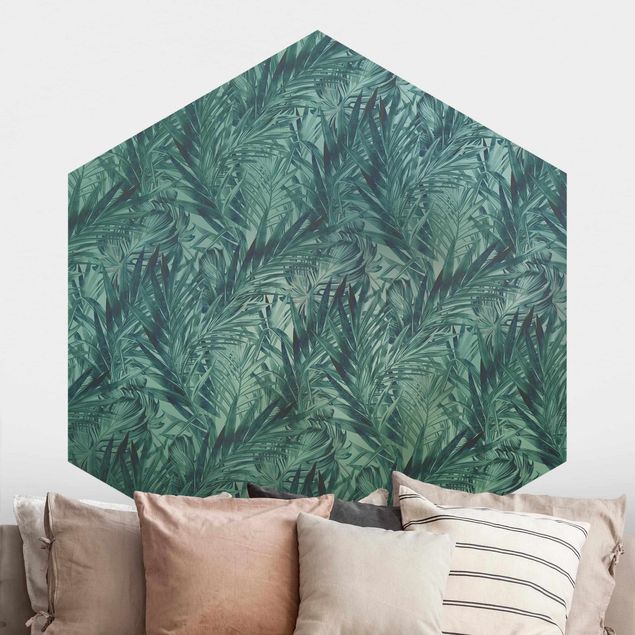 Hexagon Behang Tropical Palm Leaves With Gradient Turquoise