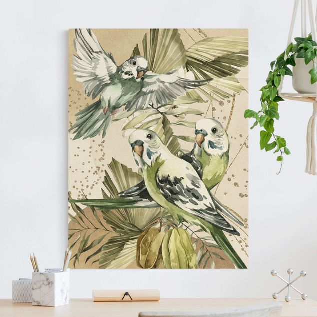 Canvas schilderijen - Goud Tropical Birds - Green Budgerigar