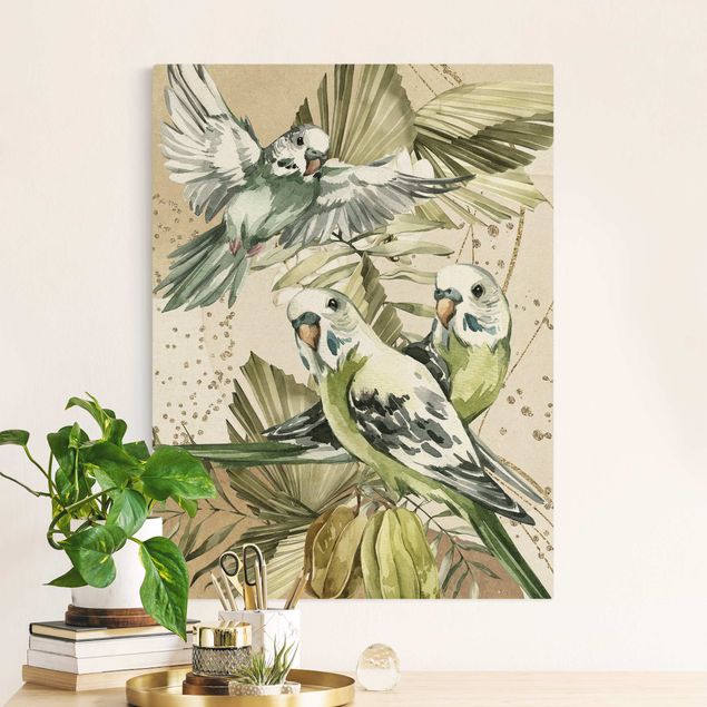 Canvas schilderijen - Goud Tropical Birds - Green Budgerigar