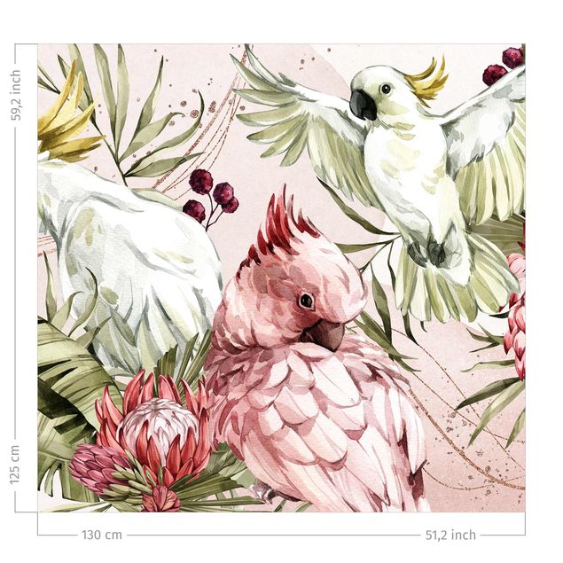 gordijnen bloemen Tropical Birds - Cockatoo Pink And White