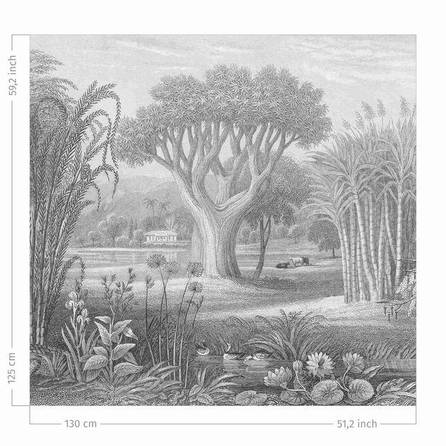 gordijnen bloemen Tropical Copperplate Engraving Garden With Pond In Grey