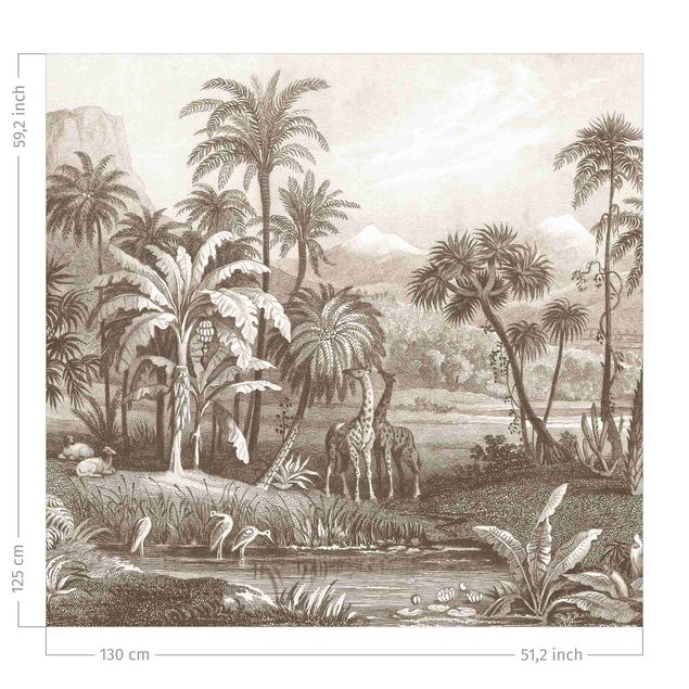 bloem gordijnen Tropical Copperplate Engraving With Giraffes In Brown