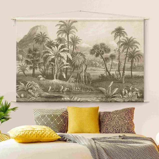 wandtapijt natuur Tropical Copperplate Engraving With Giraffes In Brown