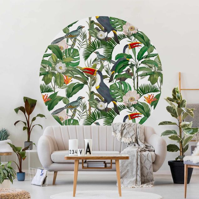 Behangcirkel Tropical Toucan With Monstera And Palm Leaves