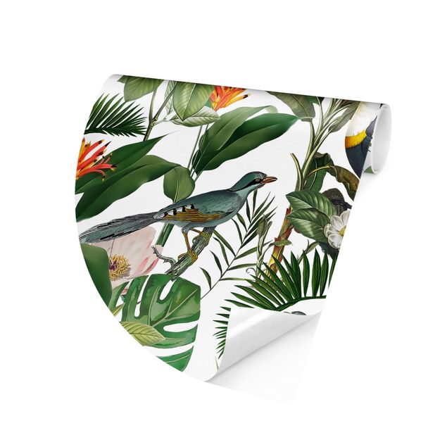 Behangcirkel Tropical Toucan With Monstera And Palm Leaves