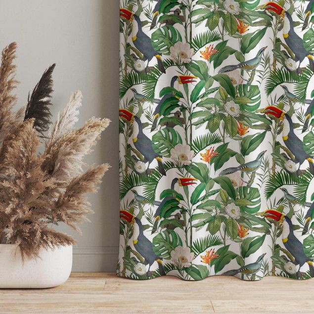 Gordijnen op maat Tropical Toucan With Monstera And Palm Leaves