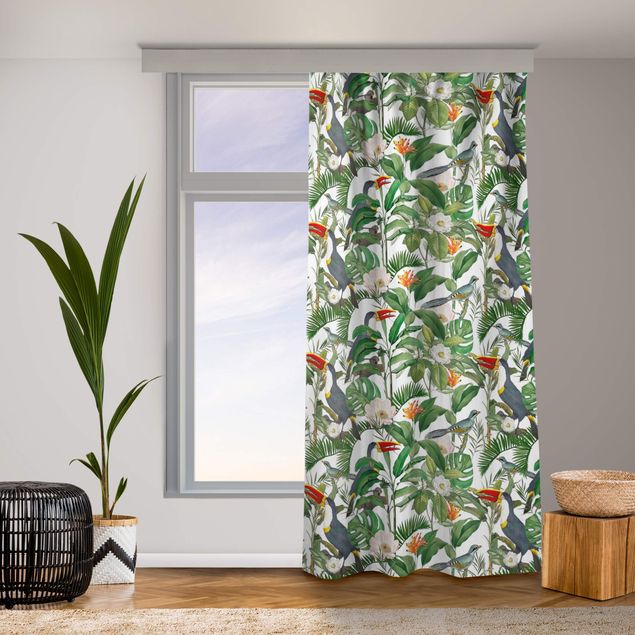 Moderne gordijnen Tropical Toucan With Monstera And Palm Leaves