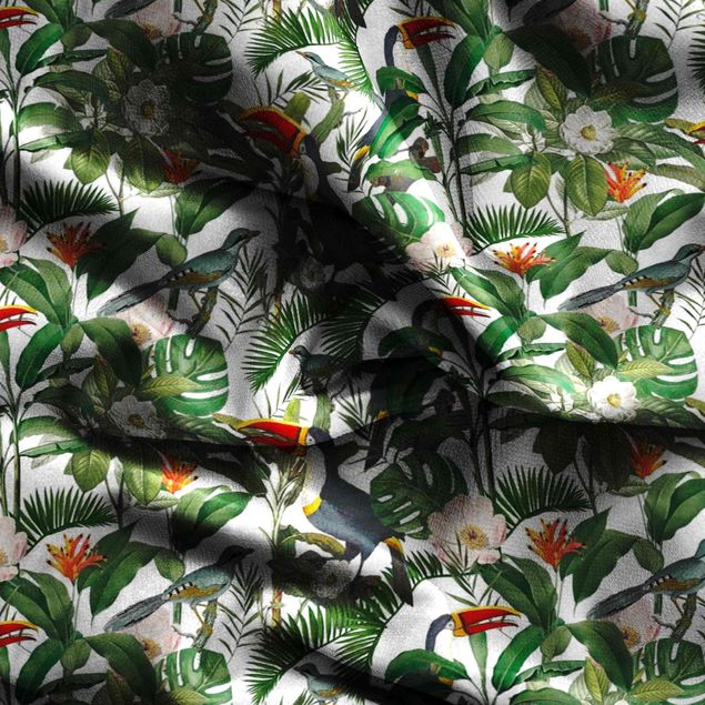 Vintage gordijn Tropical Toucan With Monstera And Palm Leaves