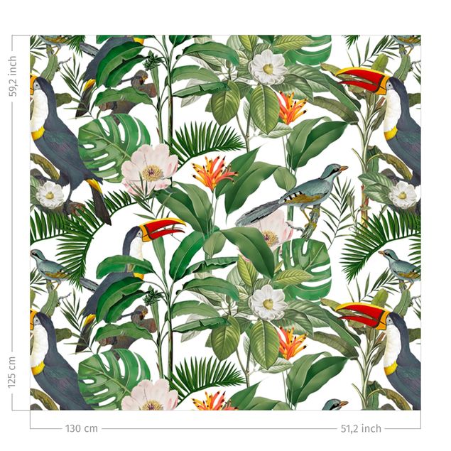 Bloemen gordijnen Tropical Toucan With Monstera And Palm Leaves