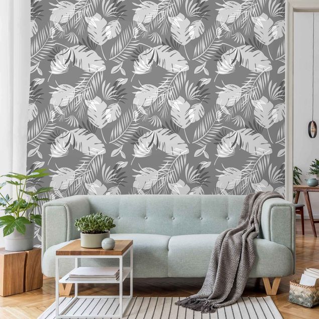 Fotobehang Tropical Outlines Pattern In Grey