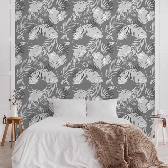 Fotobehang Tropical Outlines Pattern In Grey
