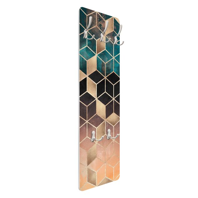 Wandkapstokken houten paneel - Turquoise Rosé Golden Geometry