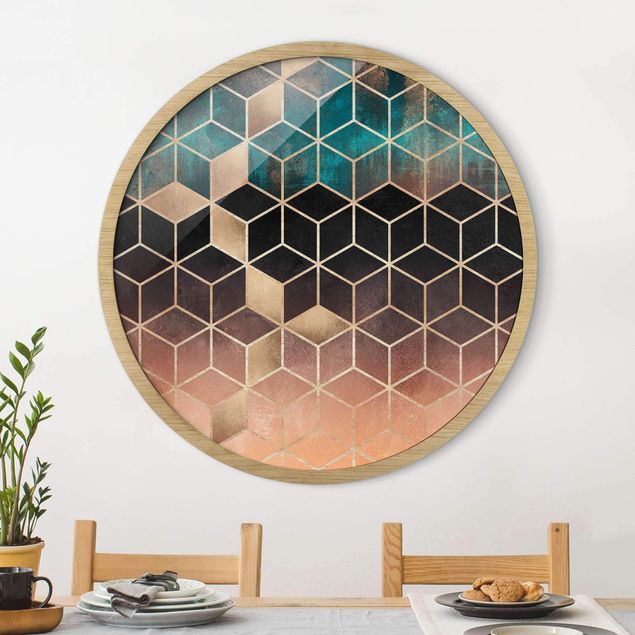 Runde Bilder mit Rahmen Turquoise Rosé Golden Geometry