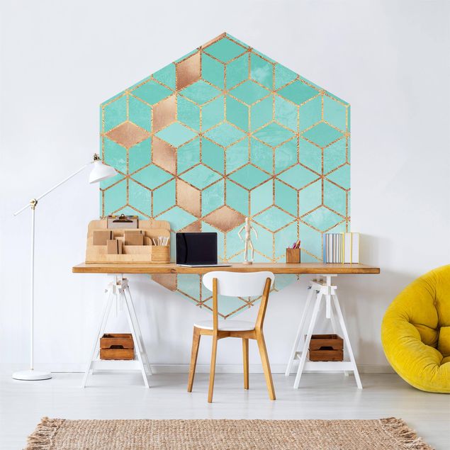 Hexagon Behang Turquoise White Golden Geometry
