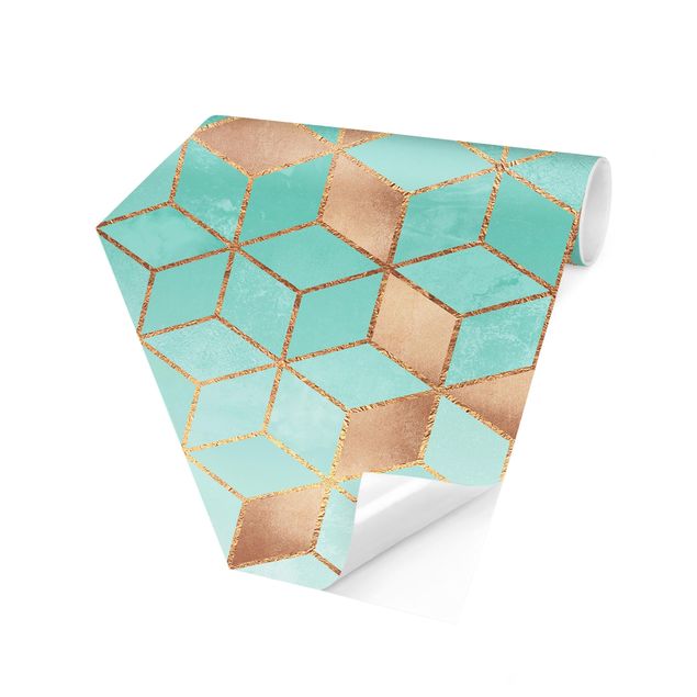 Hexagon Behang Turquoise White Golden Geometry