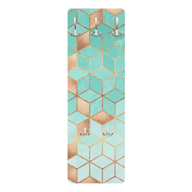 Wandkapstokken houten paneel - Turquoise White Golden Geometry