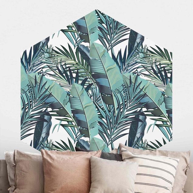 Hexagon Behang Turquoise Leaves Jungle Pattern