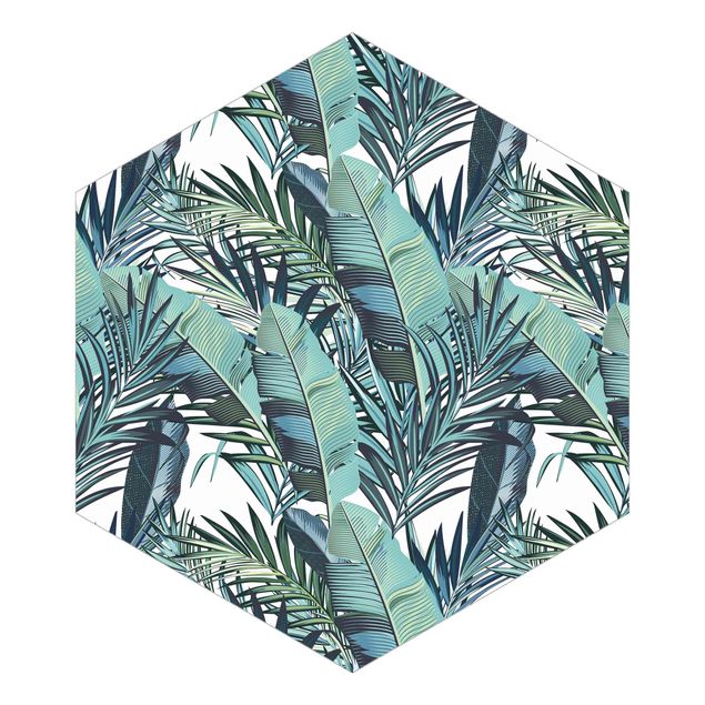 Hexagon Behang Turquoise Leaves Jungle Pattern