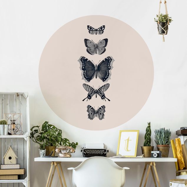 Behangcirkel Ink Butterflies On Beige Backdrop