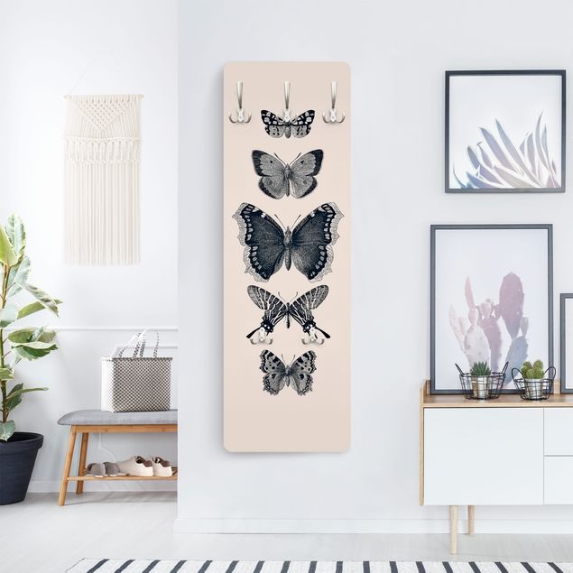 Wandkapstokken houten paneel Ink Butterflies On Beige Backdrop