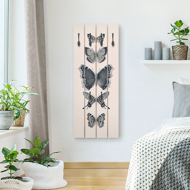 Wandkapstokken houten pallet Ink Butterflies On Beige Backdrop