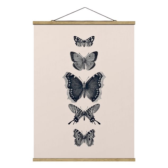 Stoffen schilderij met posterlijst Ink Butterflies On Beige Backdrop
