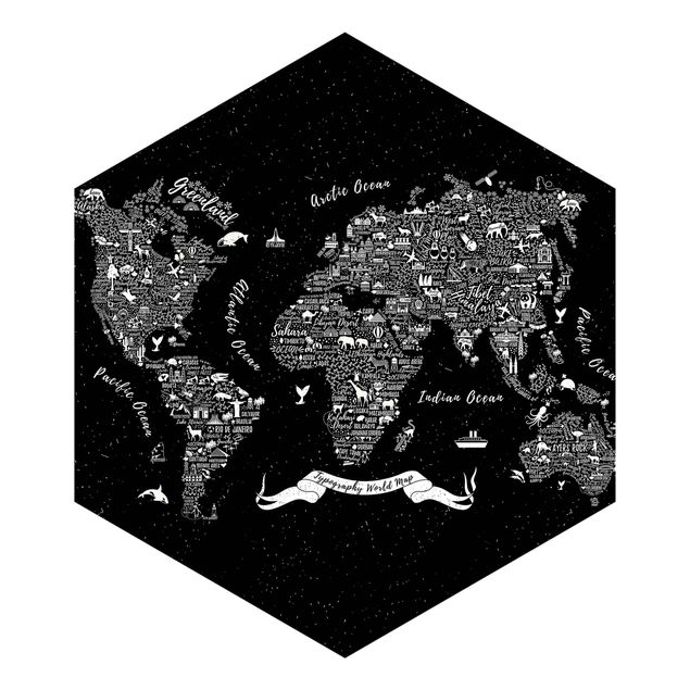 Hexagon Behang Typography World Map Black