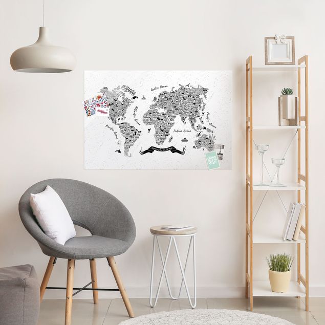 Glas Magnetboard Typography World Map White