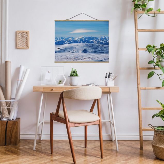 Stoffen schilderij met posterlijst Snowy Mountain Landscape