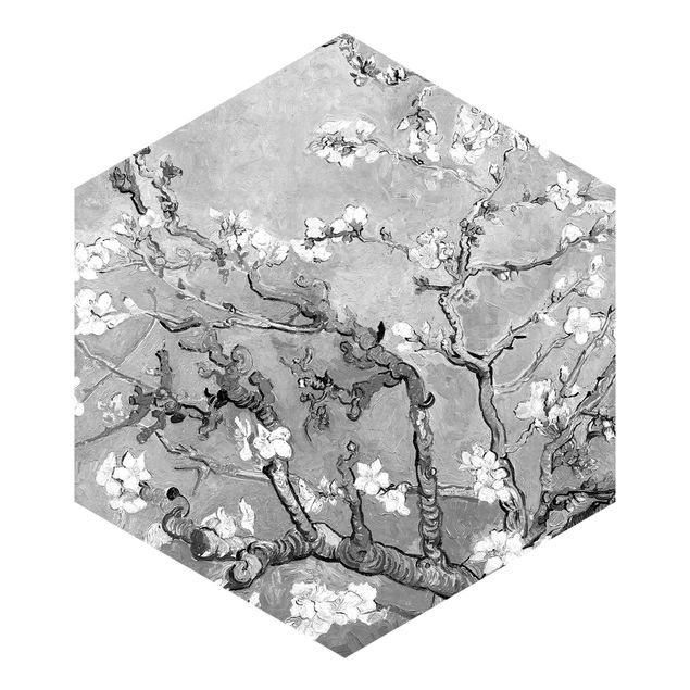 Hexagon Behang Vincent Van Gogh - Almond Blossom Black And White