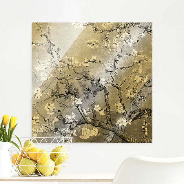 Glas Magnettafel Vincent Van Gogh - Almond Blossom Black And White