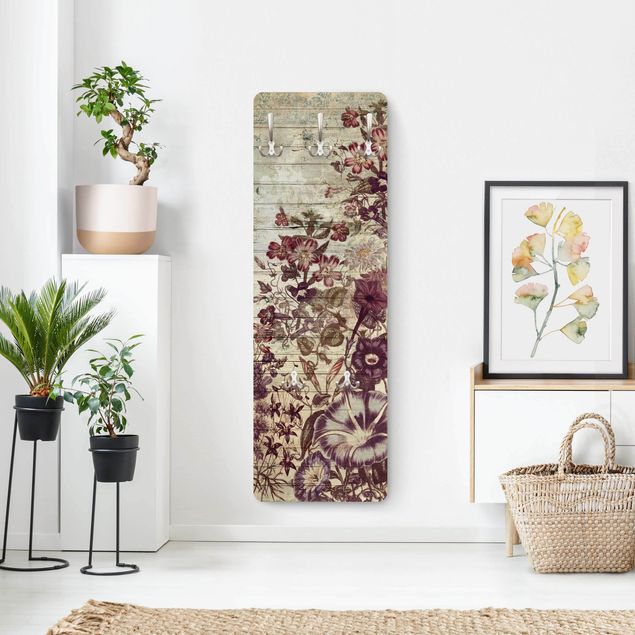 Wandkapstokken houten paneel Vintage Floral Wood Look II