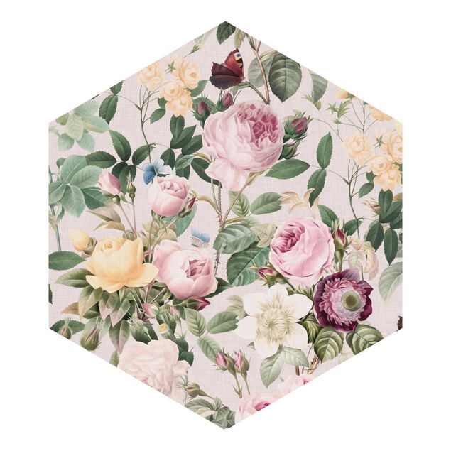 Hexagon Behang Vintage Flowers Illustration XXL