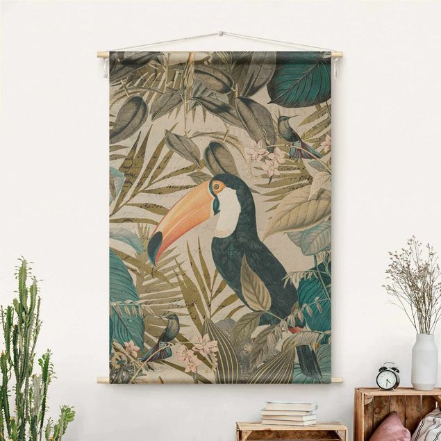 wandkleed modern Vintage Collage - Toucan In The Jungle