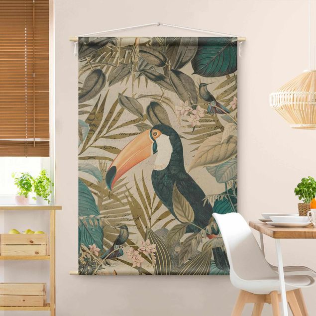 wanddoek xxl Vintage Collage - Toucan In The Jungle