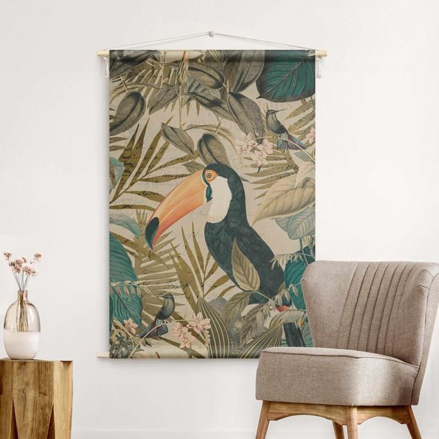 wandtapijten Vintage Collage - Toucan In The Jungle