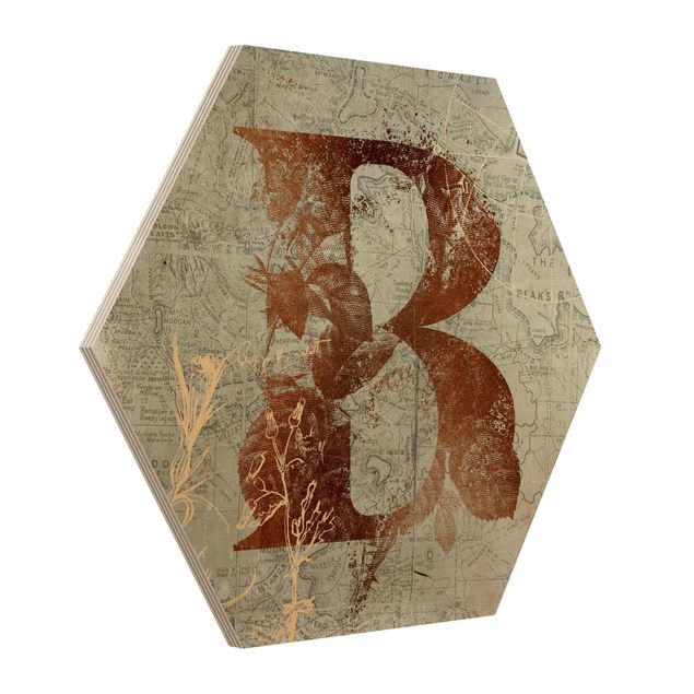 Hexagons houten schilderijen - Vintage Gold Alphabet Letter B