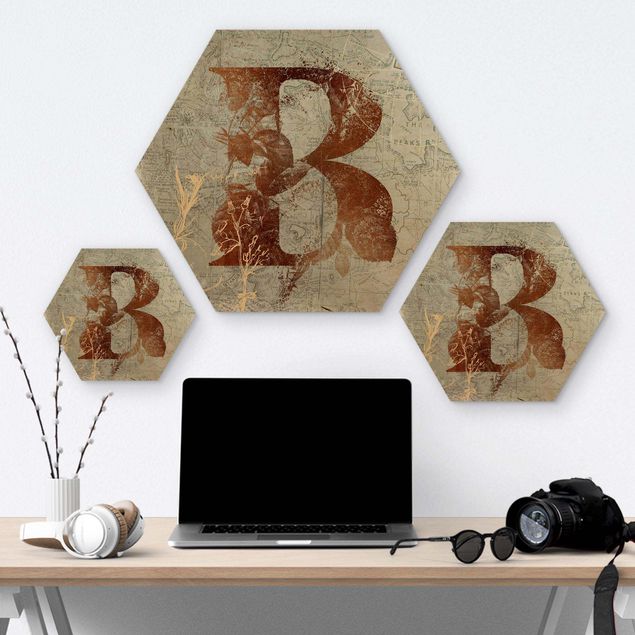 Hexagons houten schilderijen - Vintage Gold Alphabet Letter B