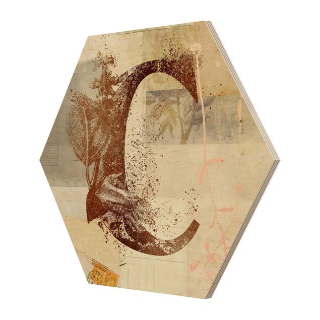Hexagons houten schilderijen - Vintage Gold Alphabet Letter C