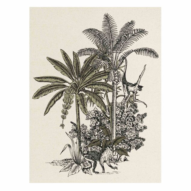 Canvas schilderijen - Goud Vintage Illustration - Monkeys  And Palm Trees