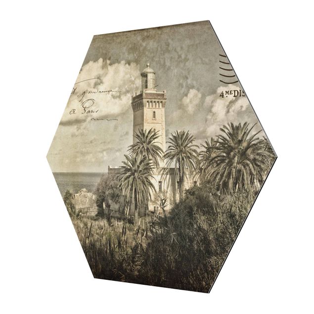 Hexagons Aluminium Dibond schilderijen - Vintage Postcard With Lighthouse And Palm Trees