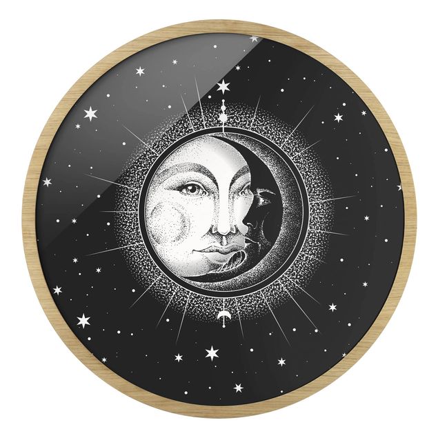 Rond schilderijen Illustrazione vintage di sole e luna